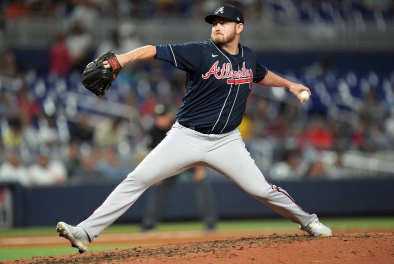 Oct 3, 2022; Miami, Florida, USA;  Atlanta Braves relief pitcher Tyler Matzek (68) delivers in the sixth inning against the Miami Marlins at loanDepot Park. Mandatory Credit: Jim Rassol-USA TODAY Sports