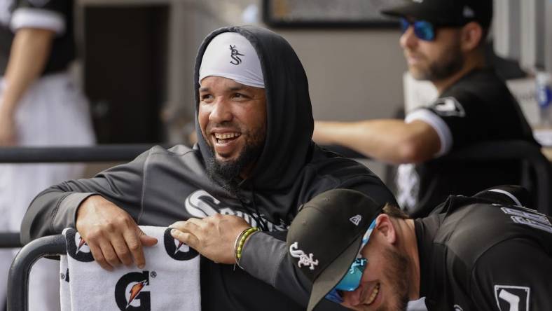 Oct 5, 2022; Chicago, Illinois, USA; Chicago White Sox first baseman Jose Abreu (79) smiles before a game against the Minnesota Twins at Guaranteed Rate Field. Mandatory Credit: Kamil Krzaczynski-USA TODAY Sports