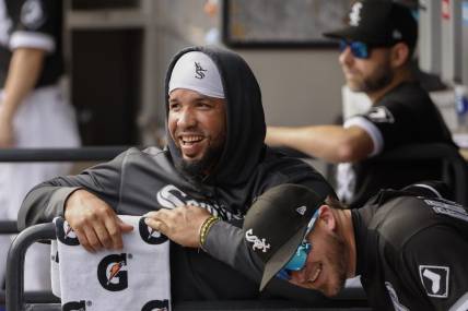 Oct 5, 2022; Chicago, Illinois, USA; Chicago White Sox first baseman Jose Abreu (79) smiles before a game against the Minnesota Twins at Guaranteed Rate Field. Mandatory Credit: Kamil Krzaczynski-USA TODAY Sports