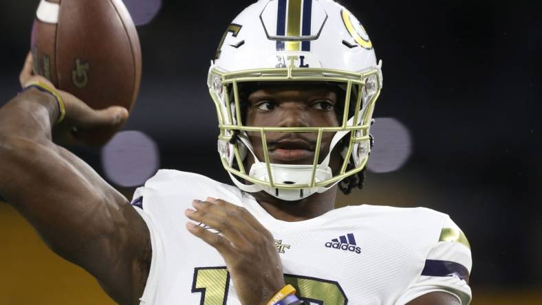 Oct 1, 2022; Pittsburgh, Pennsylvania, USA;  Georgia Tech Yellow Jackets quarterback Jeff Sims (10) warms up before the game against the Pittsburgh Panthers at Acrisure Stadium. Mandatory Credit: Charles LeClaire-USA TODAY Sports