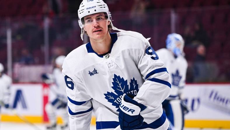 Oct 3, 2022; Montreal, Quebec, CAN; Toronto Maple Leafs right wing Nicolas Aube-Kubel (96) skates during warm-up before the game against the Montreal Canadiens at Bell Centre. Mandatory Credit: David Kirouac-USA TODAY Sports