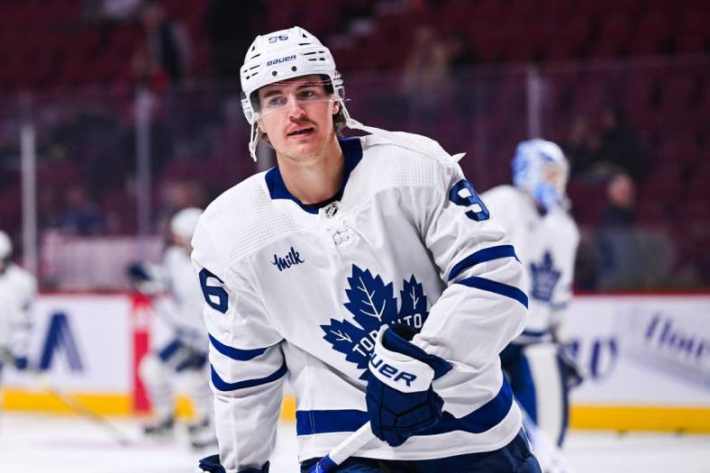 Oct 3, 2022; Montreal, Quebec, CAN; Toronto Maple Leafs right wing Nicolas Aube-Kubel (96) skates during warm-up before the game against the Montreal Canadiens at Bell Centre. Mandatory Credit: David Kirouac-USA TODAY Sports
