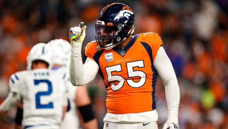 Oct 6, 2022; Denver, Colorado, USA; Denver Broncos linebacker Bradley Chubb (55) gestures after a play in the second quarter against the Indianapolis Colts at Empower Field at Mile High. Mandatory Credit: Isaiah J. Downing-USA TODAY Sports