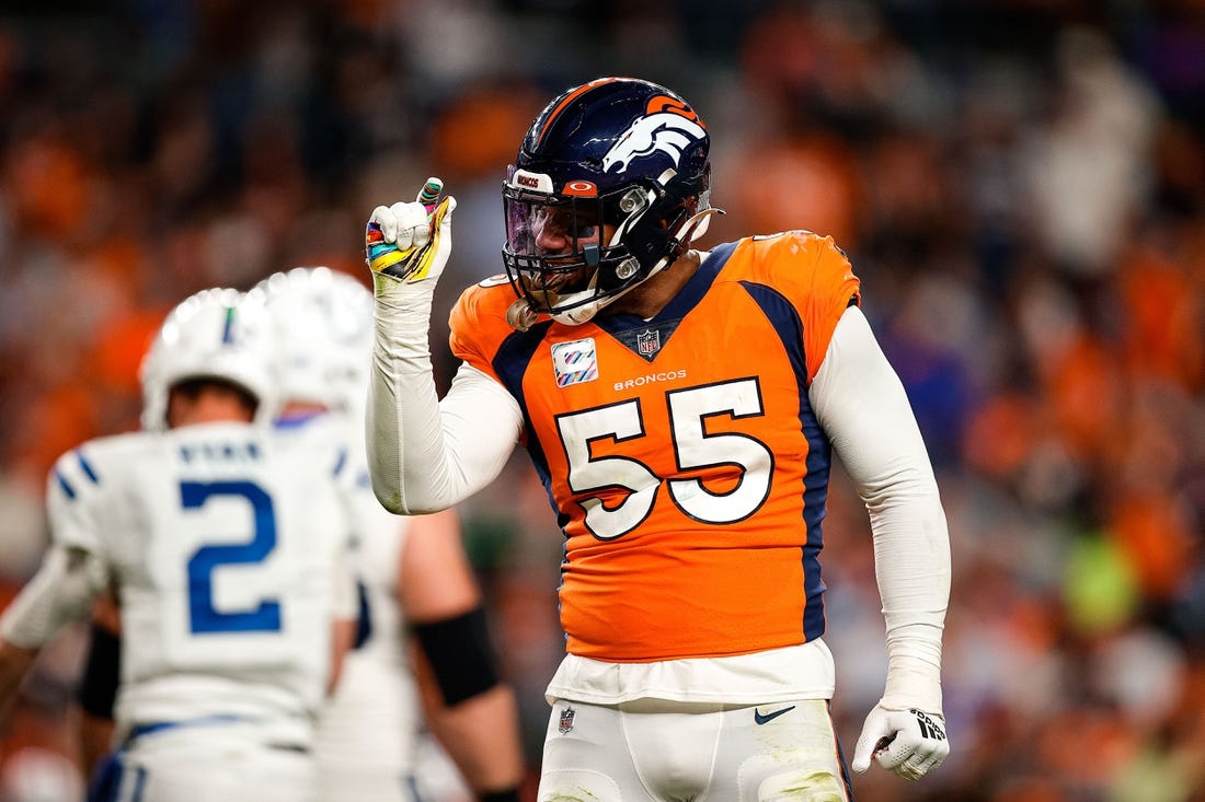 Oct 6, 2022; Denver, Colorado, USA; Denver Broncos linebacker Bradley Chubb (55) gestures after a play in the second quarter against the Indianapolis Colts at Empower Field at Mile High. Mandatory Credit: Isaiah J. Downing-USA TODAY Sports