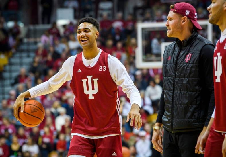Indiana's Trayce Jackson-Davis shares a laugh with Derek Elston during Hoosier Hysteria for the basketball programs at Simon Skjodt Assembly Hall on Friday, Oct. 7, 2022.

Hoosier Hysteria Tjd Elston