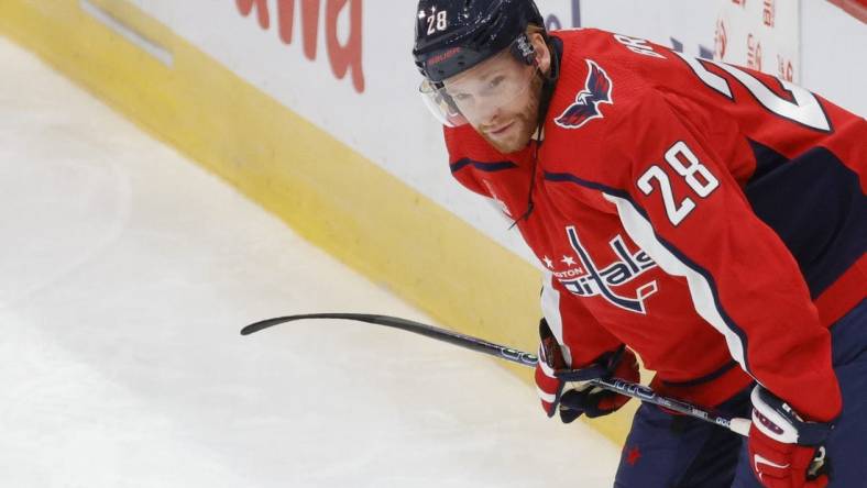 Oct 5, 2022; Washington, District of Columbia, USA; Washington Capitals right wing Connor Brown (28) on ice prior to the Capitals' game against the Detroit Red Wings at Capital One Arena. Mandatory Credit: Geoff Burke-USA TODAY Sports