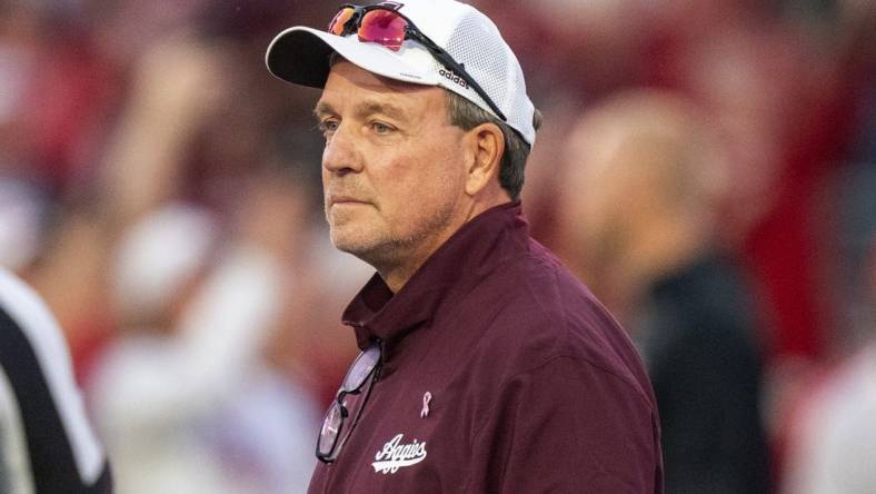 Oct 8, 2022; Tuscaloosa, Alabama, USA;  Texas A&M Aggies head coach Jimbo Fisher prior to a game against the  Alabama Crimson Tide at Bryant-Denny Stadium. Mandatory Credit: Marvin Gentry-USA TODAY Sports