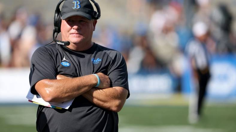 Oct 8, 2022; Pasadena, California, USA;  UCLA Bruins head coach Chip Kelly on the sideline during the fourth quarter against the Utah Utes at Rose Bowl. Mandatory Credit: Kiyoshi Mio-USA TODAY Sports