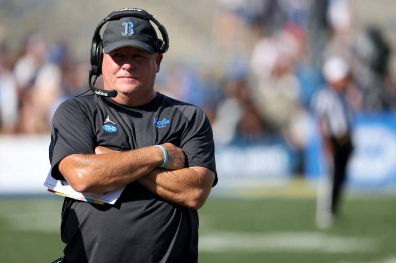 Oct 8, 2022; Pasadena, California, USA;  UCLA Bruins head coach Chip Kelly on the sideline during the fourth quarter against the Utah Utes at Rose Bowl. Mandatory Credit: Kiyoshi Mio-USA TODAY Sports