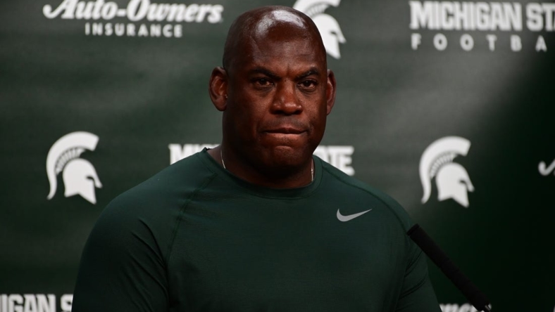 Oct 8, 2022; East Lansing, Michigan, USA;  Michigan State Spartans head coach Mel Tucker during the post game news conference after losing to Ohio State at Spartan Stadium. This is the fourth loss in a row for Tucker and the Spartans. Mandatory Credit: Dale Young-USA TODAY Sports