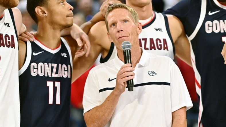 Oct 8, 2022; Spokane, WA, USA; Gonzaga Bulldogs head coach Mark Few speaks to the crowd during Craziness in the Kennel at McCarthey Athletic Center. Mandatory Credit: James Snook-USA TODAY Sports
