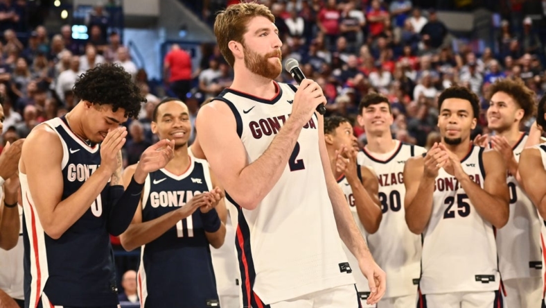 Oct 8, 2022; Spokane, WA, USA; Gonzaga Bulldogs forward Drew Timme (2) speaks to the crowd during Craziness in the Kennel at McCarthey Athletic Center. Mandatory Credit: James Snook-USA TODAY Sports