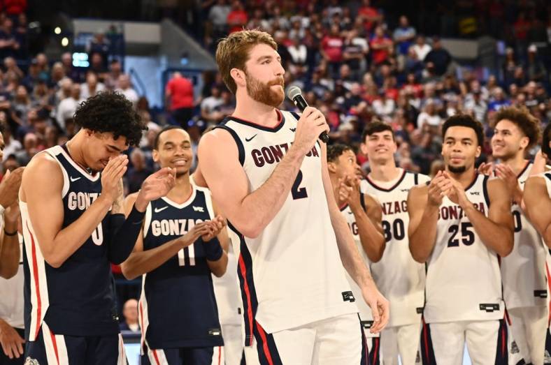 Oct 8, 2022; Spokane, WA, USA; Gonzaga Bulldogs forward Drew Timme (2) speaks to the crowd during Craziness in the Kennel at McCarthey Athletic Center. Mandatory Credit: James Snook-USA TODAY Sports