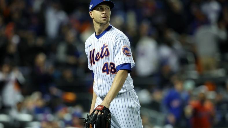 Oct 8, 2022; New York City, New York, USA; New York Mets starting pitcher Jacob deGrom (48) in the sixth inning during game two of the Wild Card series against the San Diego Padres for the 2022 MLB Playoffs at Citi Field. Mandatory Credit: Brad Penner-USA TODAY Sports