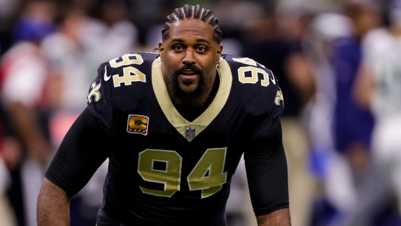 Oct 9, 2022; New Orleans, Louisiana, USA; New Orleans Saints defensive end Cameron Jordan (94) does the Who Dat chant before the game against the Seattle Seahawks during the first half at Caesars Superdome. Mandatory Credit: Stephen Lew-USA TODAY Sports