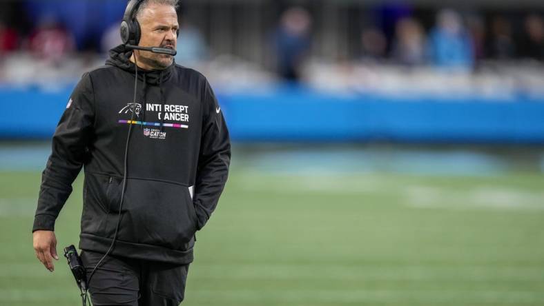 Oct 9, 2022; Charlotte, North Carolina, USA;  Carolina Panthers head coach Matt Rhule during the second half against the San Francisco 49ers  at Bank of America Stadium. Mandatory Credit: Jim Dedmon-USA TODAY Sports