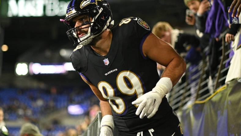 Oct 9, 2022; Baltimore, Maryland, USA;  Baltimore Ravens tight end Mark Andrews (89) before the game against the Cincinnati Bengals at M&T Bank Stadium. Mandatory Credit: Tommy Gilligan-USA TODAY Sports