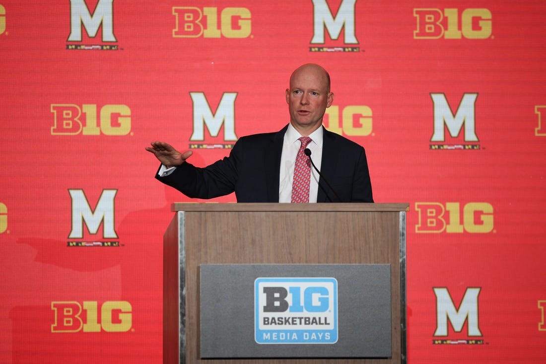 Oct 11, 2022; Minneapolis, Minnesota, US; Maryland men's basketball head coach Kevin Willard speaks to the media during the Big Ten media days at Target Center. Mandatory Credit: Matt Krohn-USA TODAY Sports