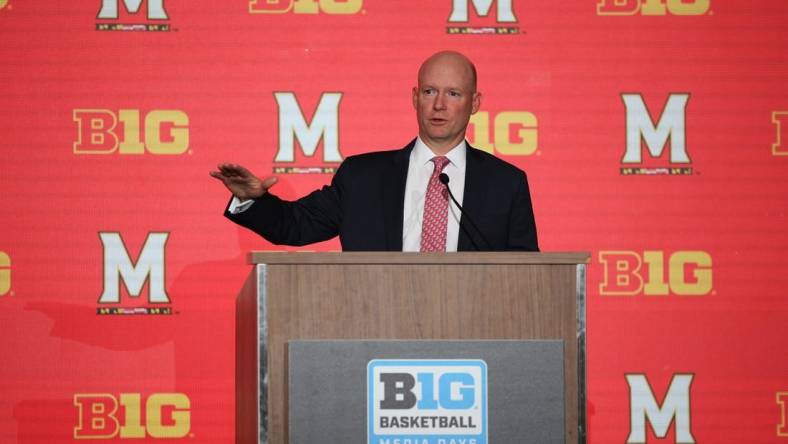 Oct 11, 2022; Minneapolis, Minnesota, US; Maryland men's basketball head coach Kevin Willard speaks to the media during the Big Ten media days at Target Center. Mandatory Credit: Matt Krohn-USA TODAY Sports