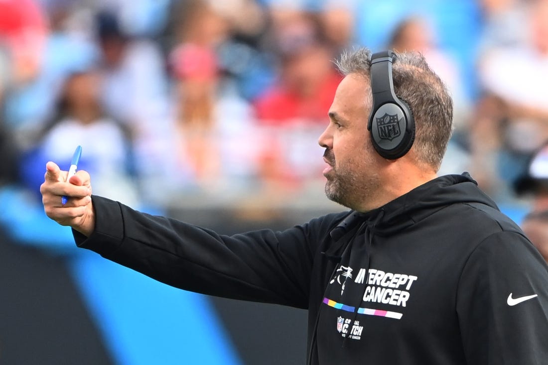 Oct 9, 2022; Charlotte, North Carolina, USA; Carolina Panthers head coach Matt Rhule reacts in the second quarter at Bank of America Stadium. Mandatory Credit: Bob Donnan-USA TODAY Sports