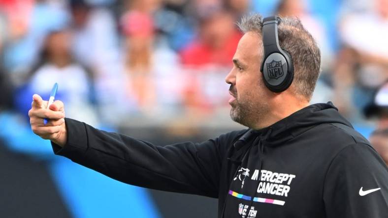 Oct 9, 2022; Charlotte, North Carolina, USA; Carolina Panthers head coach Matt Rhule reacts in the second quarter at Bank of America Stadium. Mandatory Credit: Bob Donnan-USA TODAY Sports