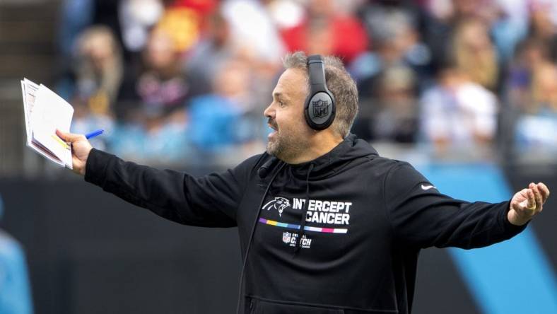 Oct 9, 2022; Charlotte, North Carolina, USA; Carolina Panthers head coach Matt Rhule reacts in the second quarter at Bank of America Stadium. Mandatory Credit: Bob Donnan-USA TODAY Sports