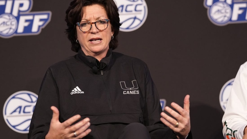 Oct 12, 2022; Charlotte, North Carolina, US; Miami coach coach Katie Meier during the ACC Women s Basketball Tip-Off in Charlotte, NC.  Mandatory Credit: Jim Dedmon-USA TODAY Sports