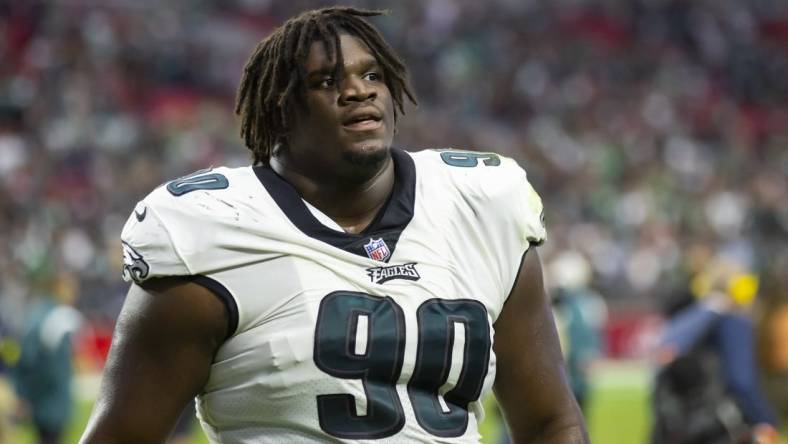 Oct 9, 2022; Glendale, Arizona, USA; Philadelphia Eagles defensive tackle Jordan Davis (90) against the Arizona Cardinals at State Farm Stadium. Mandatory Credit: Mark J. Rebilas-USA TODAY Sports