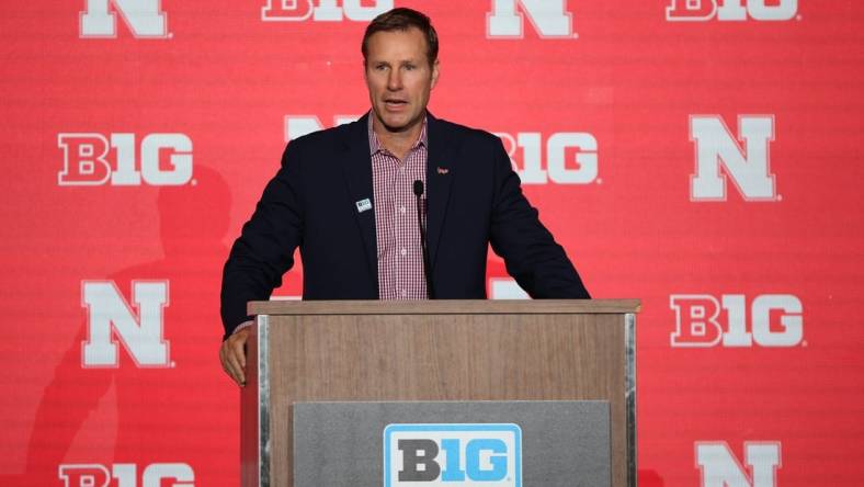 Oct 12, 2022; Minneapolis, Minnesota, US; Nebraska Cornhuskers men's head coach Fred Hoiberg speaks to the media during the Big Ten Basketball Media Days at Target Center. Mandatory Credit: Matt Krohn-USA TODAY Sports