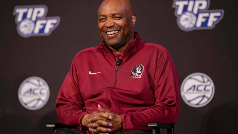 Oct 12, 2022; Charlotte, North Carolina, US; Florida State coach Leonard Hamilton during the ACC Tip Off media day in Charlotte, NC.  Mandatory Credit: Jim Dedmon-USA TODAY Sports