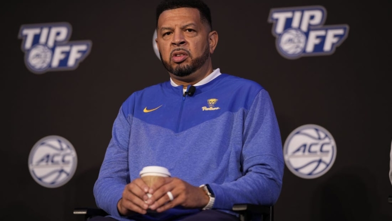 Oct 12, 2022; Charlotte, North Carolina, US; Pittsburgh coach Jeff Capel during the ACC Tip Off media day in Charlotte, NC.  Mandatory Credit: Jim Dedmon-USA TODAY Sports