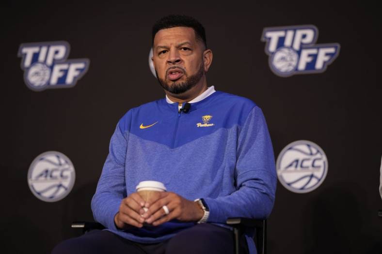 Oct 12, 2022; Charlotte, North Carolina, US; Pittsburgh coach Jeff Capel during the ACC Tip Off media day in Charlotte, NC.  Mandatory Credit: Jim Dedmon-USA TODAY Sports