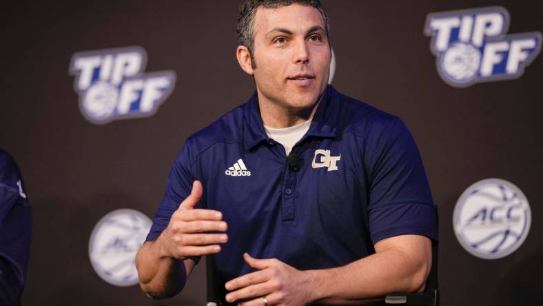 Oct 12, 2022; Charlotte, North Carolina, US; Georgia Tech Coach Josh Partner during the ACC Tip Off media day in Charlotte, NC.  Mandatory Credit: Jim Dedmon-USA TODAY Sports