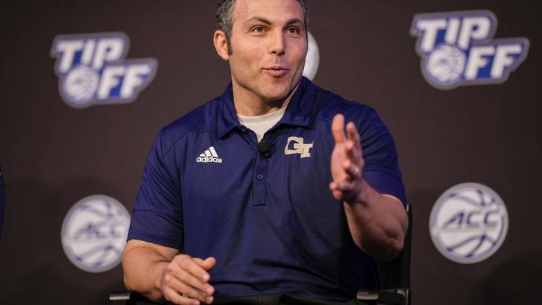 Oct 12, 2022; Charlotte, North Carolina, US; Georgia Tech Coach Josh Pastner during the ACC Tip Off media day in Charlotte, NC.  Mandatory Credit: Jim Dedmon-USA TODAY Sports