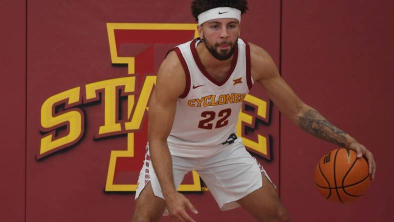 Iowa State University guard Gabe Kalscheur (22) poses during the university men's basketball media day at the university Sukup Basketball complex Wednesday, Oct 12, 2022, in Ames, Iowa.

10 12 Isu Bkc Kalscheur