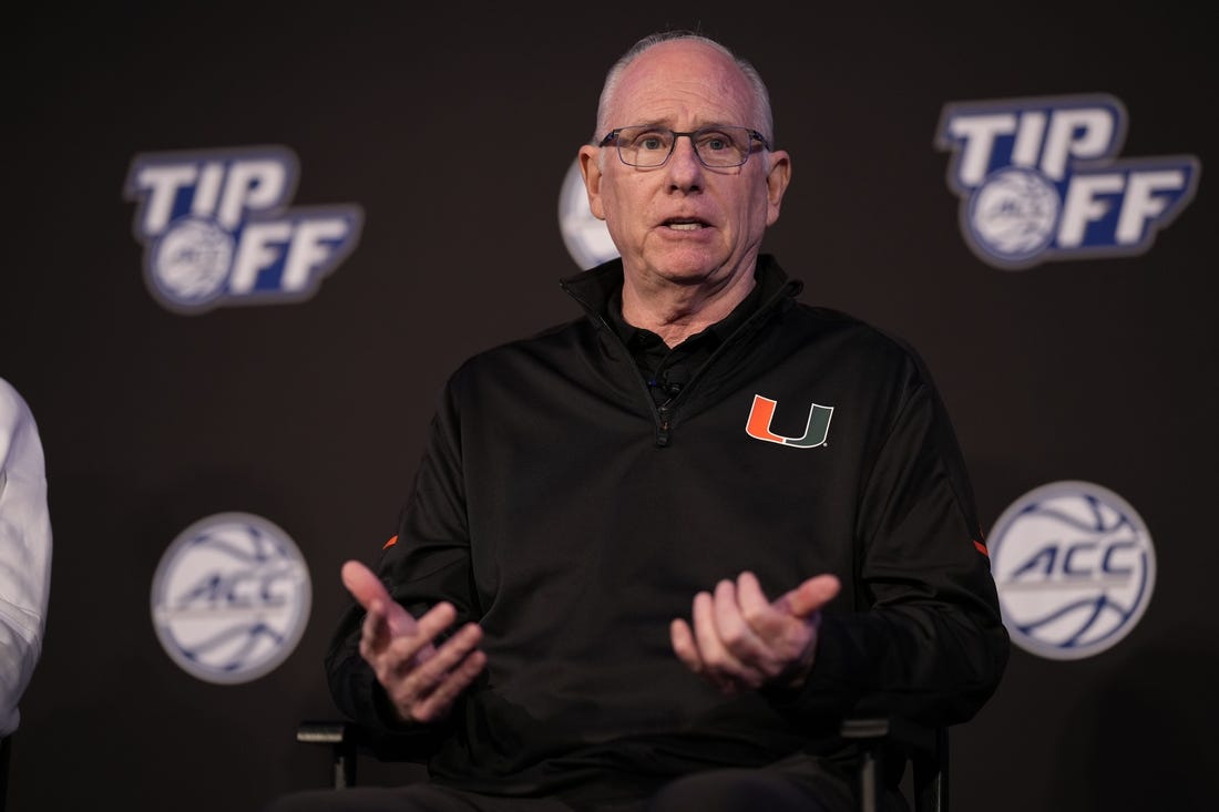 Oct 12, 2022; Charlotte, North Carolina, US; Miami Coach Jim Larranaga during the ACC Tip Off media day in Charlotte, NC.  Mandatory Credit: Jim Dedmon-USA TODAY Sports