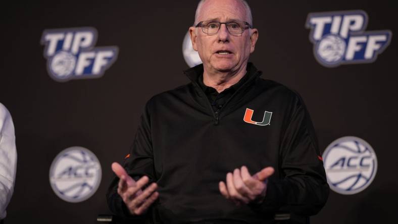 Oct 12, 2022; Charlotte, North Carolina, US; Miami Coach Jim Larranaga during the ACC Tip Off media day in Charlotte, NC.  Mandatory Credit: Jim Dedmon-USA TODAY Sports