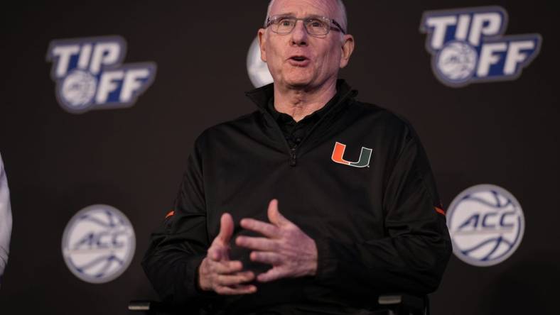 Oct 12, 2022; Charlotte, North Carolina, US; Miami Coach Jim Larranaga during the ACC Tip Off media day in Charlotte, NC.  Mandatory Credit: Jim Dedmon-USA TODAY Sports