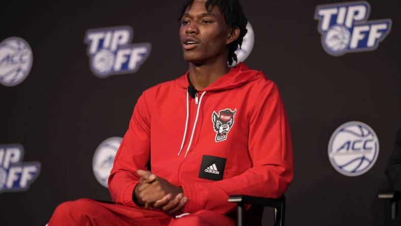 Oct 12, 2022; Charlotte, North Carolina, US; North Carolina State player Terquavion Smith during the ACC Tip Off media day in Charlotte, NC.  Mandatory Credit: Jim Dedmon-USA TODAY Sports