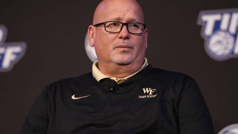 Oct 12, 2022; Charlotte, North Carolina, US; Wake Forest coach Steve Forbes during the ACC Tip Off media day in Charlotte, NC.  Mandatory Credit: Jim Dedmon-USA TODAY Sports