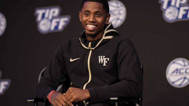 Oct 12, 2022; Charlotte, North Carolina, US; Wake Forest player Davien Williamson during the ACC Tip Off media day in Charlotte, NC.  Mandatory Credit: Jim Dedmon-USA TODAY Sports