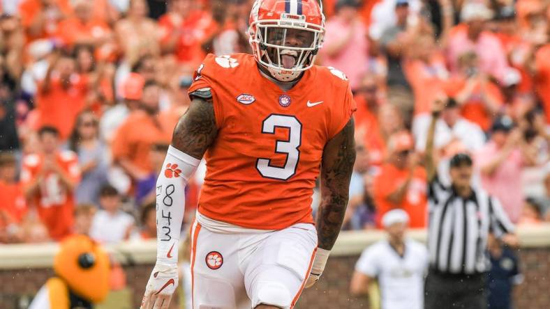 Clemson defensive end Xavier Thomas (3) reacts after sacking Georgia Tech freshman Jordan Yates (13) during the first quarter in Clemson, S.C., September 18, 2021.

Ncaa Football Georgia Tech At Clemson