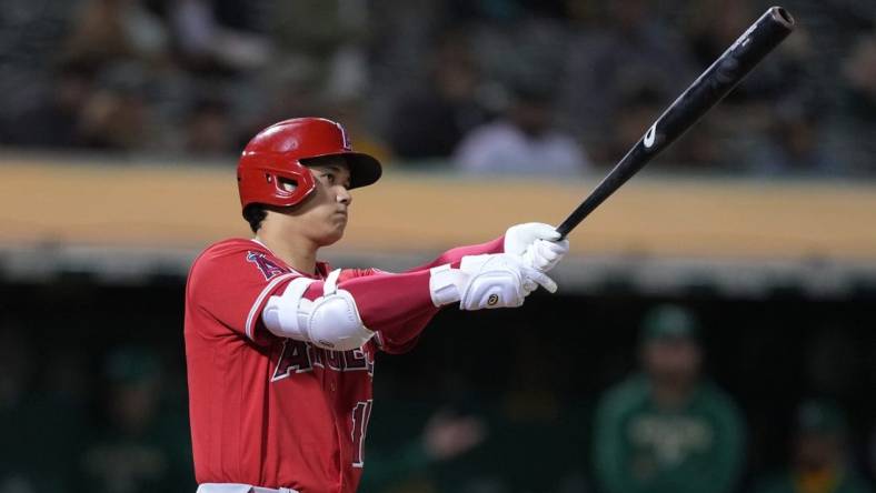 Oct 3, 2022; Oakland, California, USA; Los Angeles Angels designated hitter Shohei Ohtani (17) bats against the Oakland Athletics during the fourth inning at RingCentral Coliseum. Mandatory Credit: Darren Yamashita-USA TODAY Sports