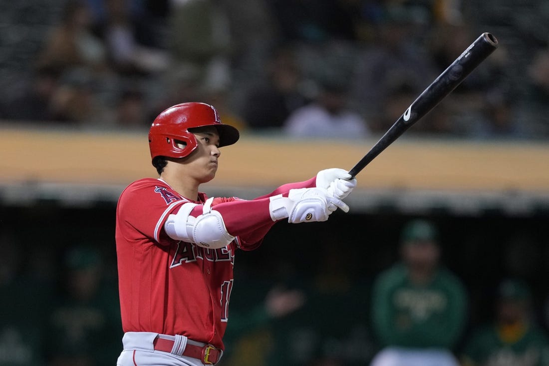 Oct 3, 2022; Oakland, California, USA; Los Angeles Angels designated hitter Shohei Ohtani (17) bats against the Oakland Athletics during the fourth inning at RingCentral Coliseum. Mandatory Credit: Darren Yamashita-USA TODAY Sports