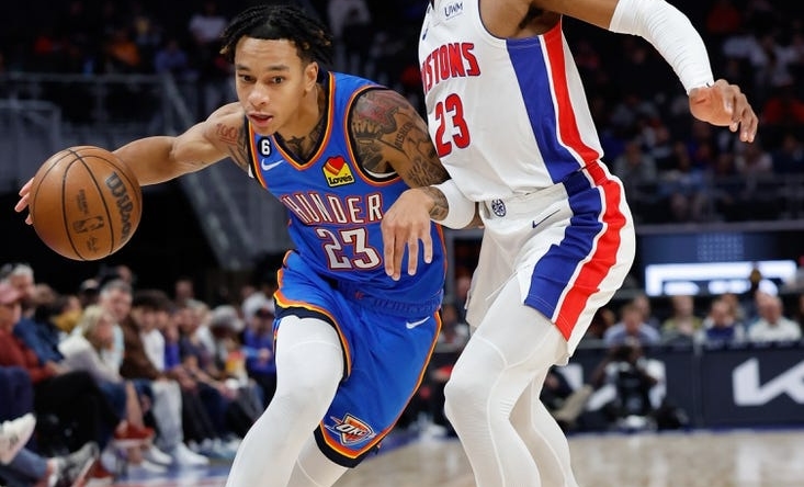 Oct 11, 2022; Detroit, Michigan, USA;  Oklahoma City Thunder guard Tre Mann (23) dribbles defended by Detroit Pistons guard Jaden Ivey (23) in the first half at Little Caesars Arena. Mandatory Credit: Rick Osentoski-USA TODAY Sports