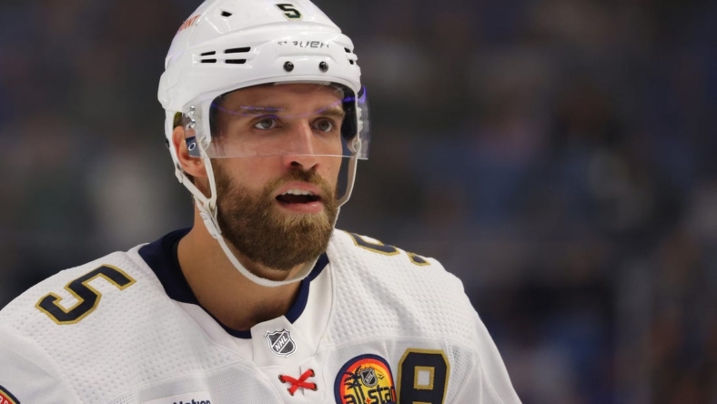Oct 15, 2022; Buffalo, New York, USA;  Florida Panthers defenseman Aaron Ekblad (5) during a stoppage in play in the first period against the Buffalo Sabres at KeyBank Center. Mandatory Credit: Timothy T. Ludwig-USA TODAY Sports