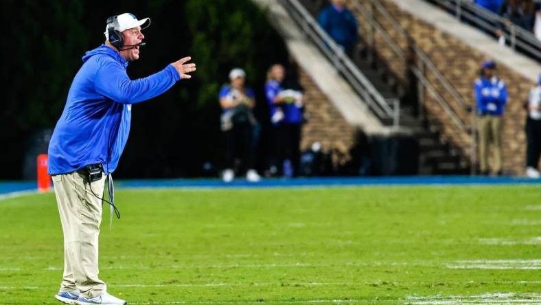 Oct 15, 2022; Durham, North Carolina, USA; Duke Blue Devils head coach Mike Elko during the second half at Wallace Wade Stadium. Mandatory Credit: Jaylynn Nash-USA TODAY Sports