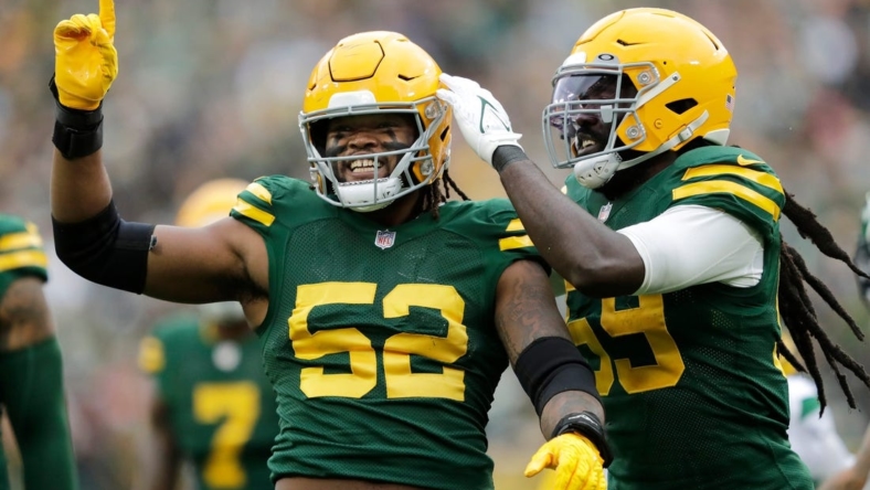 Green Bay Packers linebacker Rashan Gary (52) celebrates getting a sack against the New York Jets with teammate linebacker De'Vondre Campbell (59) during their football game Sunday, October 16, at Lambeau Field in Green Bay, Wis. Dan Powers/USA TODAY NETWORK-Wisconsin

Apc Packvsjets 1016220521djp