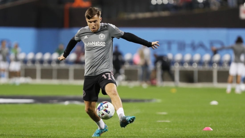 Oct 17, 2022; Queens, New York, USA; Inter Miami CF midfielder Indiana Vassilev (17) warms up before a MLS Eastern Conference quarterfinal match between New York City FC and Inter Miami CF at Citi Field. Mandatory Credit: Tom Horak-USA TODAY Sports