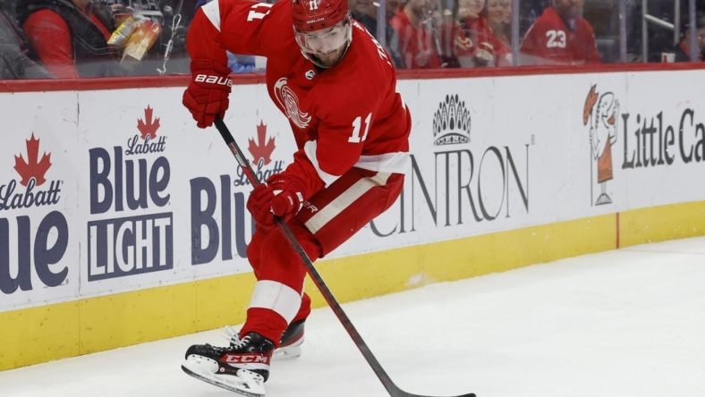 Oct 17, 2022; Detroit, Michigan, USA;  Detroit Red Wings right wing Filip Zadina (11) skates with the puck in the second period against the Los Angeles Kings at Little Caesars Arena. Mandatory Credit: Rick Osentoski-USA TODAY Sports